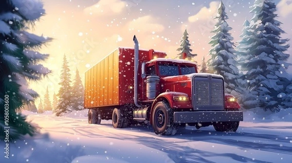 Fototapeta Cartoon truck with Christmas trees, snow falls