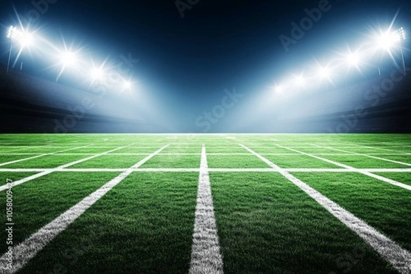 Fototapeta Brightly lit football field under stadium lights at night, green grass with yardage lines, empty and quiet, with spotlights creating an atmosphere of anticipation for game day.