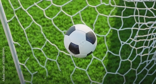 Fototapeta Soccer ball flying into the goal, captured in a close-up, top-down perspective on green grass using Sony Alpha A9 II and Sony FE 20-60mm f/4-5.6 G OSS lens for a hyper-realistic, ultra-detailed view.