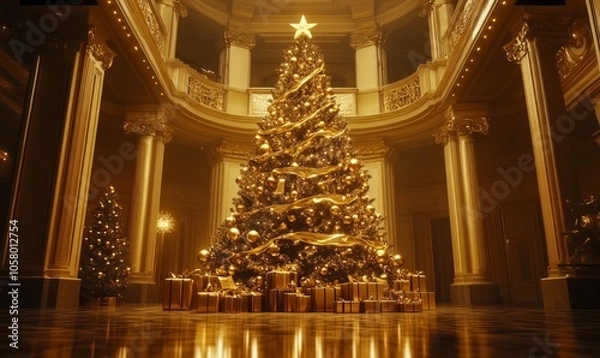 Fototapeta Golden Christmas tree decorated with gold ribbons, shimmering ornaments, and glowing lights, standing in a grand, elegant room