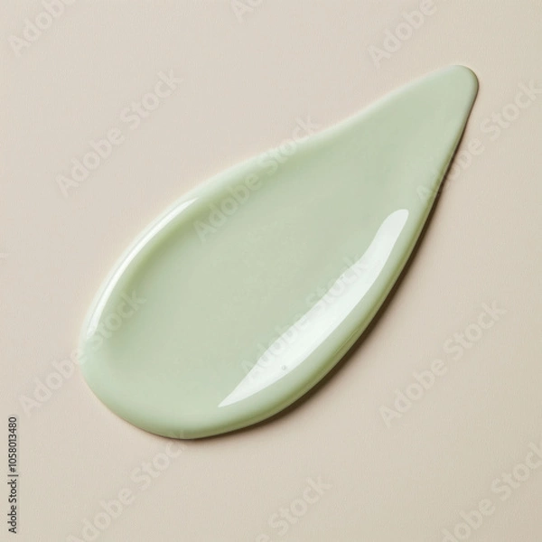 Fototapeta Pale light green cream swatch on a neutral beige background. Calming face lotion or lightweight moisturizing cream texture.