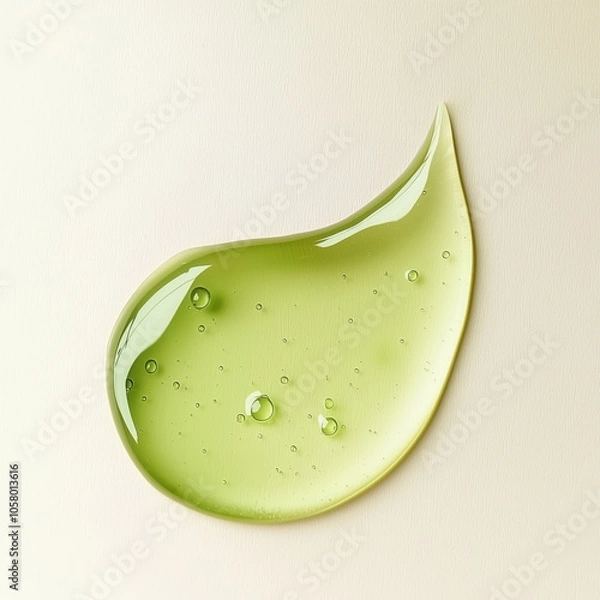 Fototapeta Green gel swatch with tiny bubbles on a light beige background. Aloe vera or green tea shower gel texture.