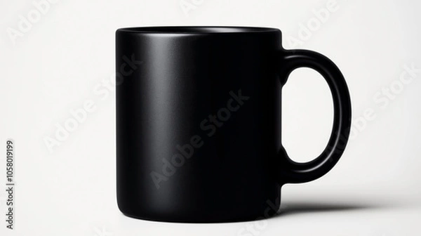 Fototapeta Black ceramic coffee mug with a smooth textured surface, isolated on a plain light background, featuring a simple and minimalist design with a standard handle.