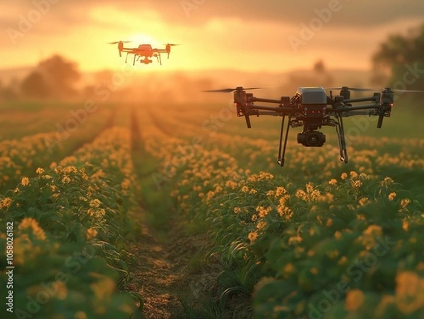 Fototapeta A farmer on lush green farmland using AI-controlled drones to monitor crop health