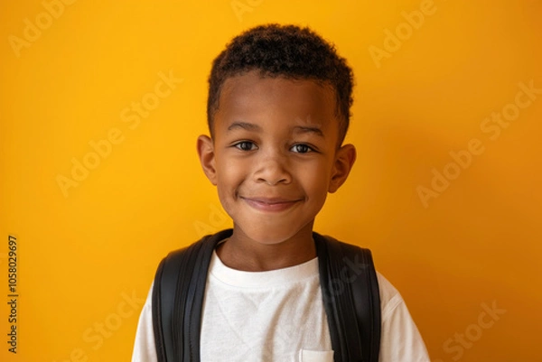 Obraz Portrait of 7 year old mixed race African-American boy with backpack standing on the yellow background. Copy space for text. Education, back to school concept.