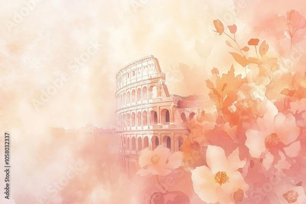 Obraz Romantic illustration of the Colosseum with soft pastel flowers in the foreground, warm vintage hues, dreamy atmosphere, perfect for travel or wedding themes, copy space, selective focus

