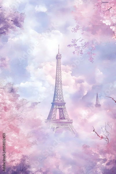 Obraz Watercolor illustration of the Eiffel Tower surrounded by pink blossoms and pastel clouds, dreamy and romantic Parisian ambiance, perfect for spring themes, copy space, selective focus

