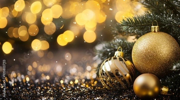 Fototapeta golden ball Christmas ornaments against a glowing background, evoking warmth and celebration. copy space