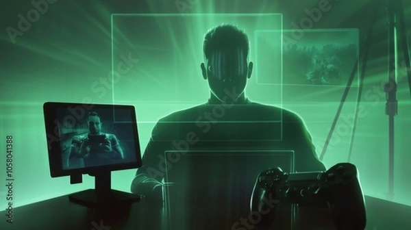 Fototapeta A gamer immersed in a digital world, illuminated by green light, featuring multiple screens and a controller.