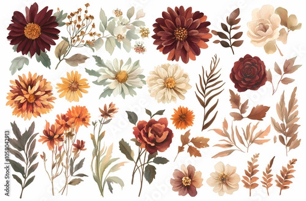 Fototapeta Autumnal Floral Collection: A curated set of watercolor autumn flowers and leaves, perfect for adding a touch of fall elegance to your designs.  