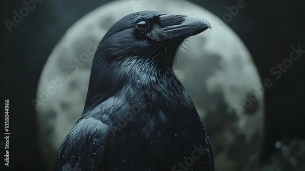 Fototapeta Wet Raven with a Moonlit Background Illustration