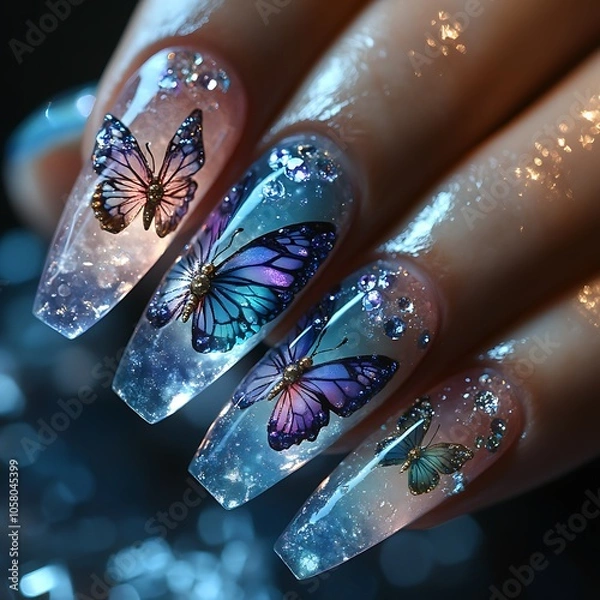 Fototapeta Butterfly nail art on glitter long coffin nails in gorgeous display image