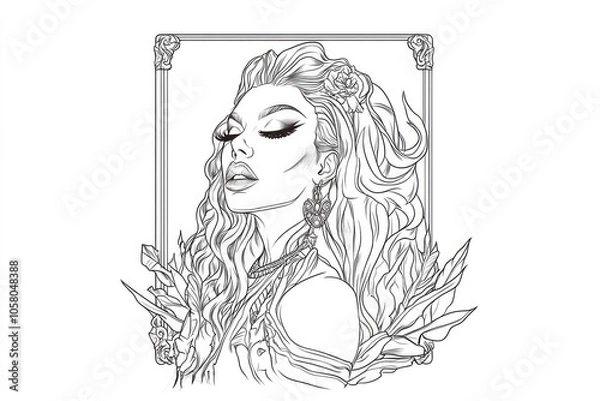 Fototapeta A richly detailed side portrait capturing an elegant woman with closed eyes in a serene moment, surrounded by flowing hair and decorative elements inspired by nature.