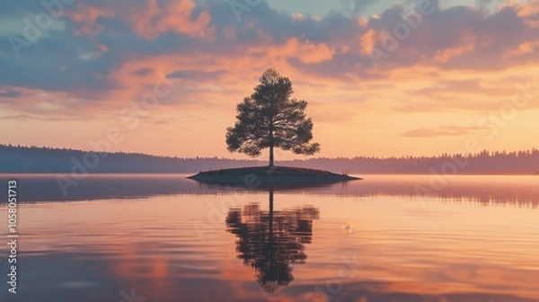 Fototapeta A serene small island featuring a single tree, reflecting in calm waters during sunset.