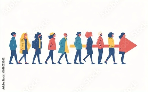 Fototapeta Minimalist illustration featuring people arranged to form an arrow, designed with a cartoonstyle approach and simple lines on a clean white background