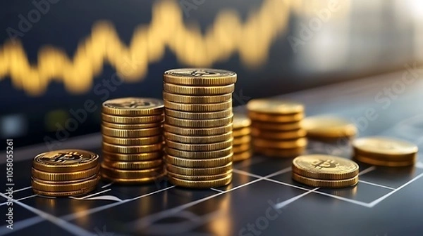 Fototapeta Pile of Golden Bitcoins on a Graph Illustrating Cryptocurrency Market Trends and Profitable Investments : Generative AI