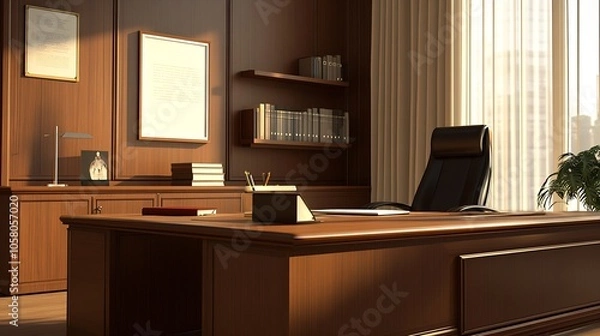 Fototapeta Stylish Office Interior with Dark Wood Furniture and Modern Design Elements : Generative AI