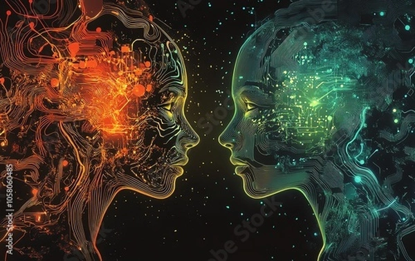 Obraz Graphic of two abstract heads connected by glowing circuits, emphasizing the theme of communication and connection fostered by generative AI technology