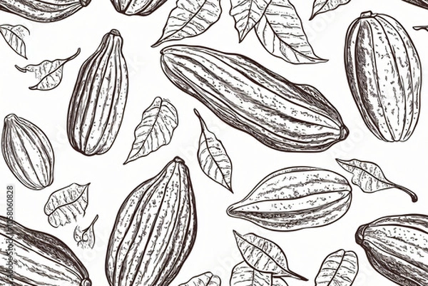 Fototapeta seamless pattern illustration engraving cocoa beans top view inline stile black lines on white background 