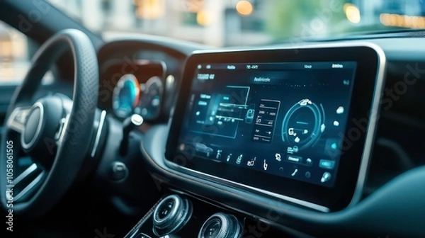Fototapeta Modern car interior with a large digital touchscreen display.