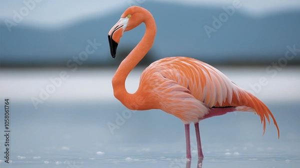 Fototapeta A striking close-up profile of a single flamingo standing in calm waters, against a blue backdrop.
