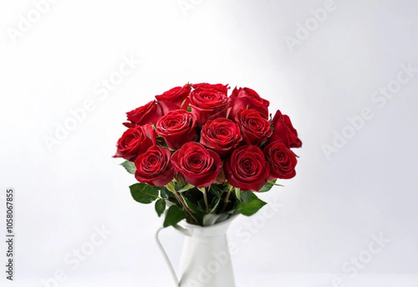 Fototapeta A bouquet of deep red roses arranged in a white ceramic pitcher.