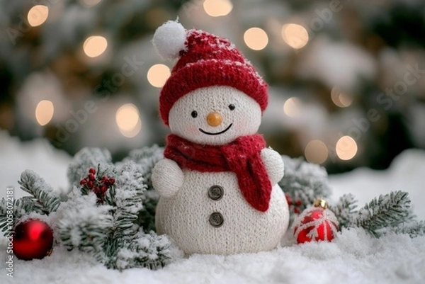 Fototapeta Snowman wearing a red knit hat and scarf surrounded by greenery and holiday decorations exuding cozy Christmas warmth and cheerful winter charm in an outdoor setting