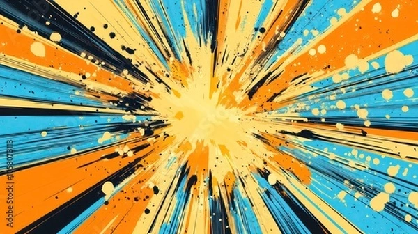 Obraz Abstract colorful explosion with blue, orange, and yellow stripes and paint splatters on a black background.