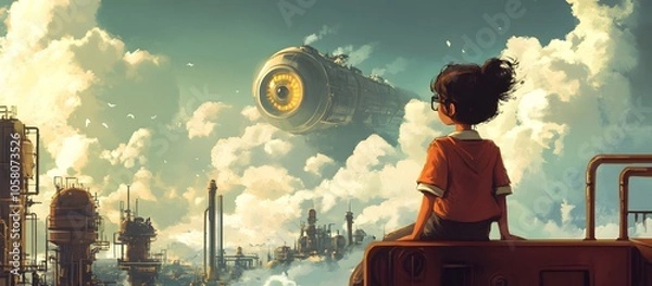 Fototapeta A young child gazing at a futuristic cityscape with towering structures and a floating airship drifting through the clouds.