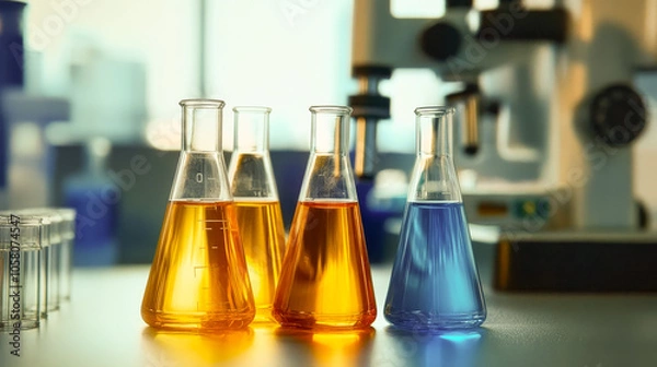 Fototapeta Glass test tubes with liquid stand on a table in a medical laboratory.