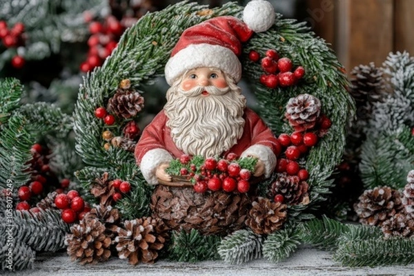 Fototapeta Traditional Santa figurine framed by a wreath of pinecones and berries evoking a classic Christmas scene with rich textures and festive colors against a rustic background