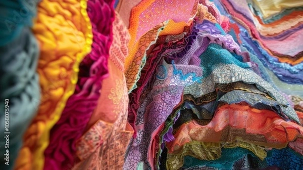 Fototapeta Colorful fabric ruffles flow in abstract waves, creating a vibrant textured background that inspires creativity