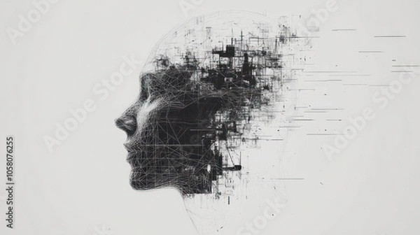 Fototapeta Abstract digital art depicting a human head with a distorted face, composed of intricate lines and patterns, suggesting a mind in transition or overwhelmed by information.