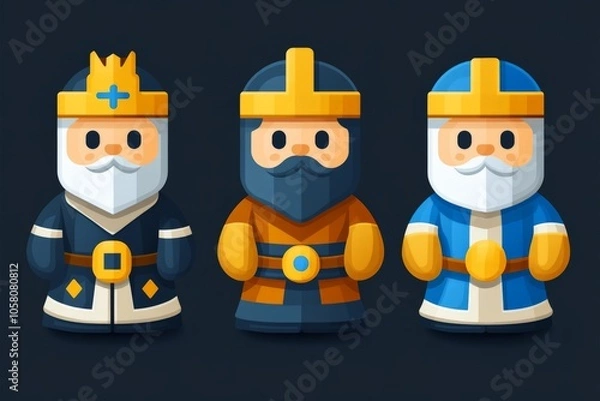 Fototapeta Vector illustration of toy soldiers in blue and yellow wearing helmets with a dark background conveying a playful and nostalgic holiday decor theme