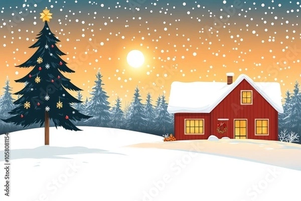 Fototapeta Winter landscape with snow covered house Christmas tree and golden sunset capturing the peaceful beauty and warmth of the holiday season in a cozy setting