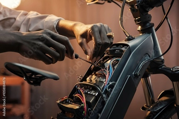 Obraz Black person repairing an e-bike. Close-up of a mechanic handling modern electric bicycle technology.