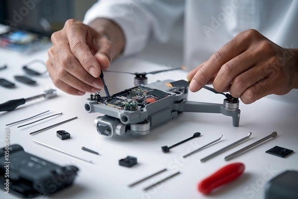 Obraz lose-up on drone repair. Technician working on disassembled components with precision tools. Modern technology and electronics being serviced to ensure optimal flight performance and functionality.