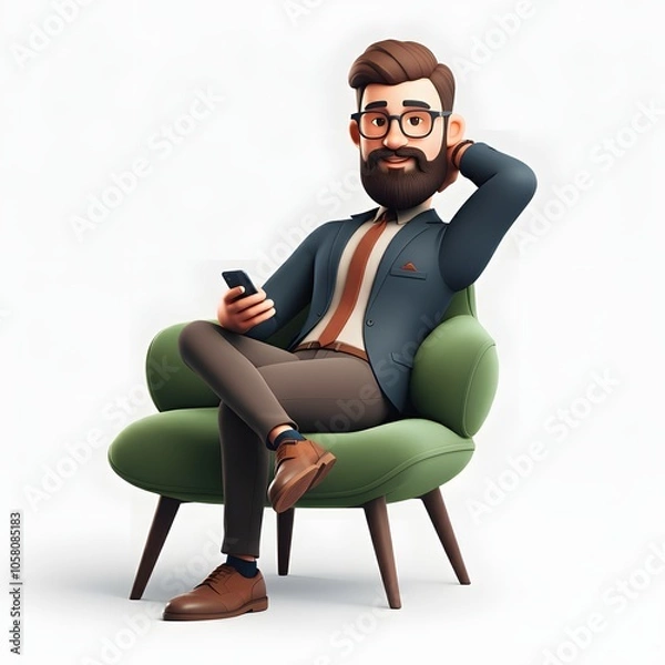 Fototapeta 3D illustration of a bearded man wearing glasses and casual clothing, sitting on a blue bean bag and using a smartphone, with a solid orange background. Ideal for themes of relaxation, technology, and