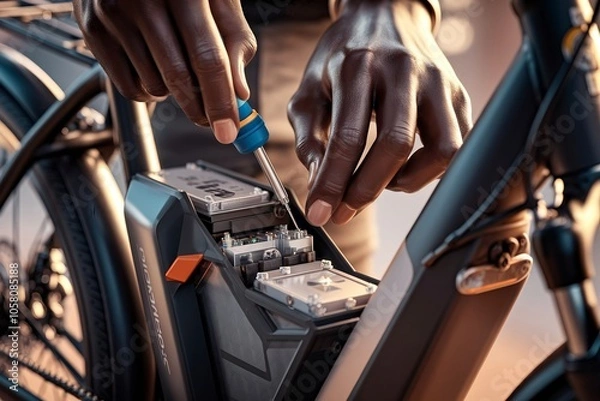 Fototapeta Black person repairing an e-bike. Close-up of a mechanic handling modern electric bicycle technology.