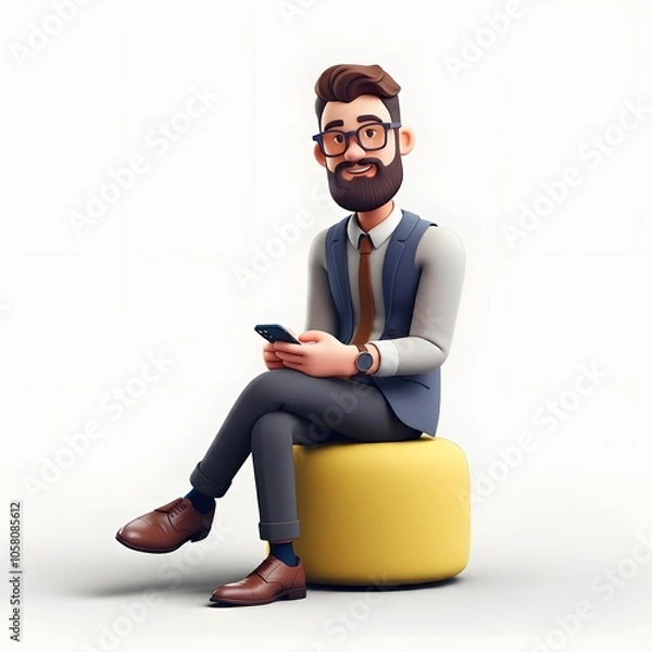 Fototapeta 3D illustration of a bearded man wearing glasses and casual clothing, sitting on a blue bean bag and using a smartphone, with a solid orange background. Ideal for themes of relaxation, technology, and