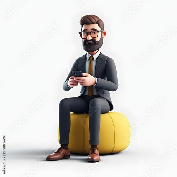 Fototapeta 3D illustration of a bearded man wearing glasses and casual clothing, sitting on a blue bean bag and using a smartphone, with a solid orange background. Ideal for themes of relaxation, technology, and