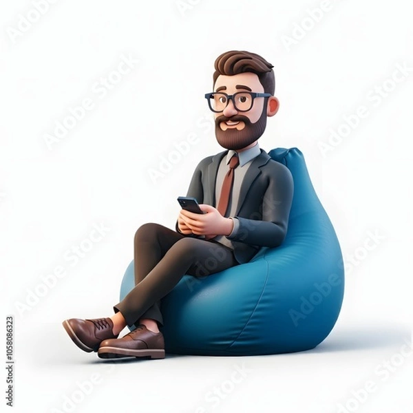 Fototapeta 3D illustration of a bearded man wearing glasses and casual clothing, sitting on a blue bean bag and using a smartphone, with a solid orange background. Ideal for themes of relaxation, technology, and