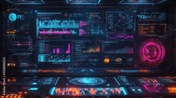 Obraz Futuristic control panel with glowing digital interface displaying data.