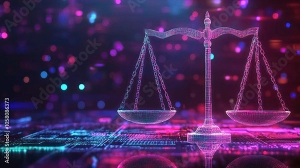 Obraz A glowing digital scale of justice with a bokeh background of lights.