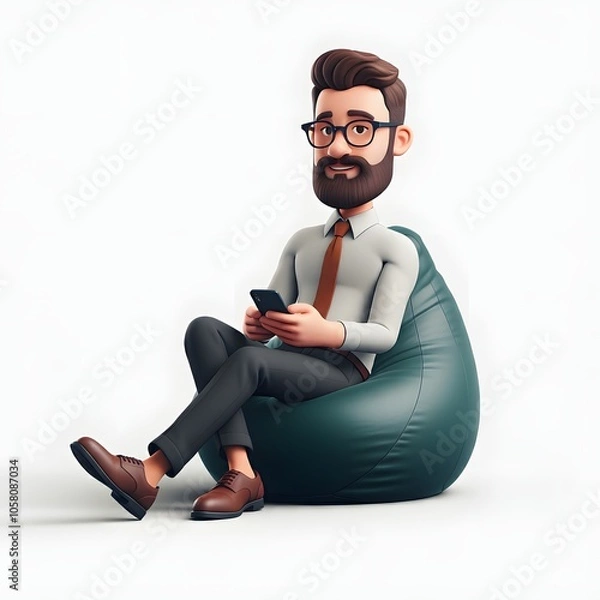 Fototapeta 3D illustration of a bearded man wearing glasses and casual clothing, sitting on a blue bean bag and using a smartphone, with a solid orange background. Ideal for themes of relaxation, technology, and