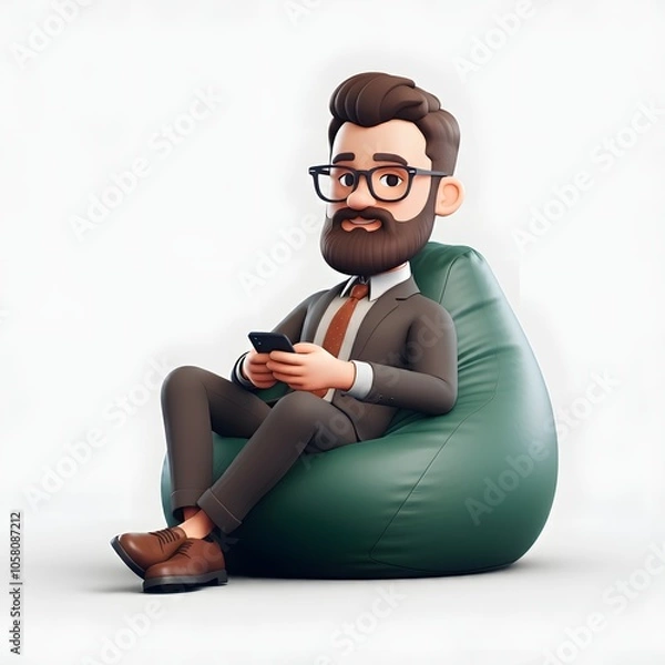 Fototapeta 3D illustration of a bearded man wearing glasses and casual clothing, sitting on a blue bean bag and using a smartphone, with a solid orange background. Ideal for themes of relaxation, technology, and