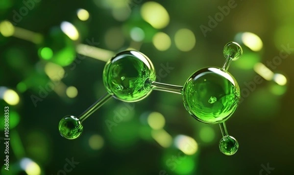 Fototapeta Abstract depiction of green hydrogen atoms, floating in a deep green light, metallic textures, dark neutral backdrop