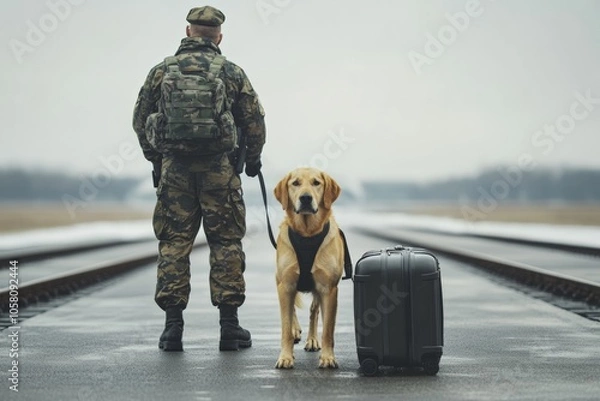 Fototapeta Soldier with loyal dog and suitcase on railway tracks, journey of a military man and companion, waiting for departure concept