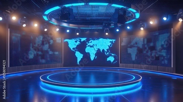 Obraz Empty news studio with a large world map behind a circular stage.