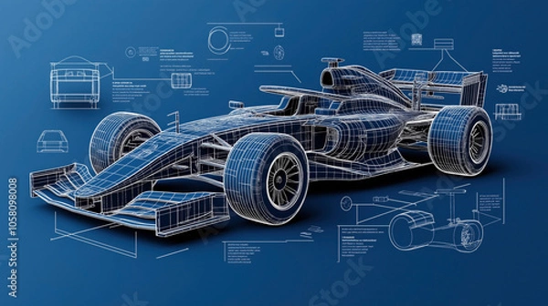 Fototapeta Technical blueprint of a Formula 1 race car with wireframe design and engineering schematics on a blue background.